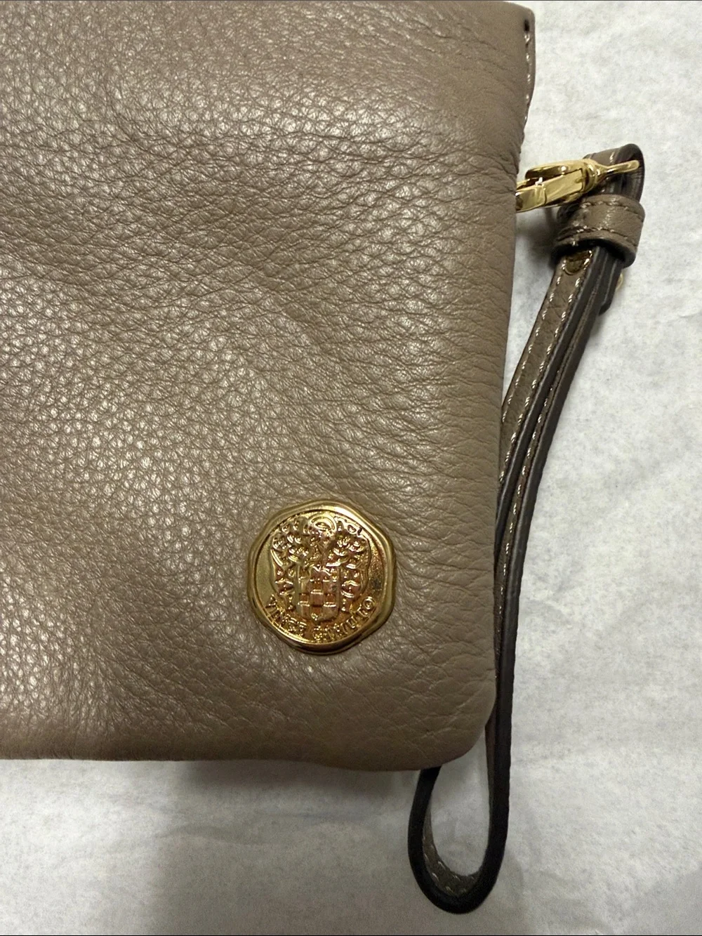 Vince Camuto Taupe Pebbled Leather Crossbody with Gold Medallion